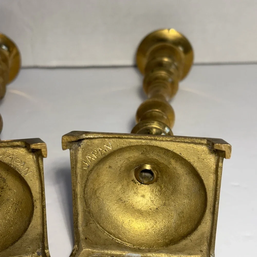 Vintage Brass Candlestick Holders Japan Square Base 7.5” Set Of Two